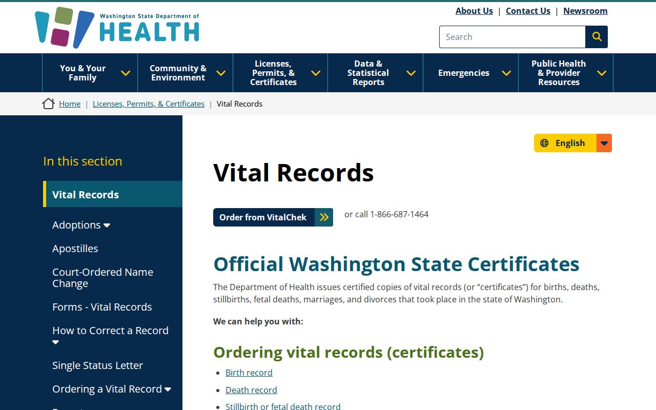 Washington people search through the Department of Health certificate ordering page