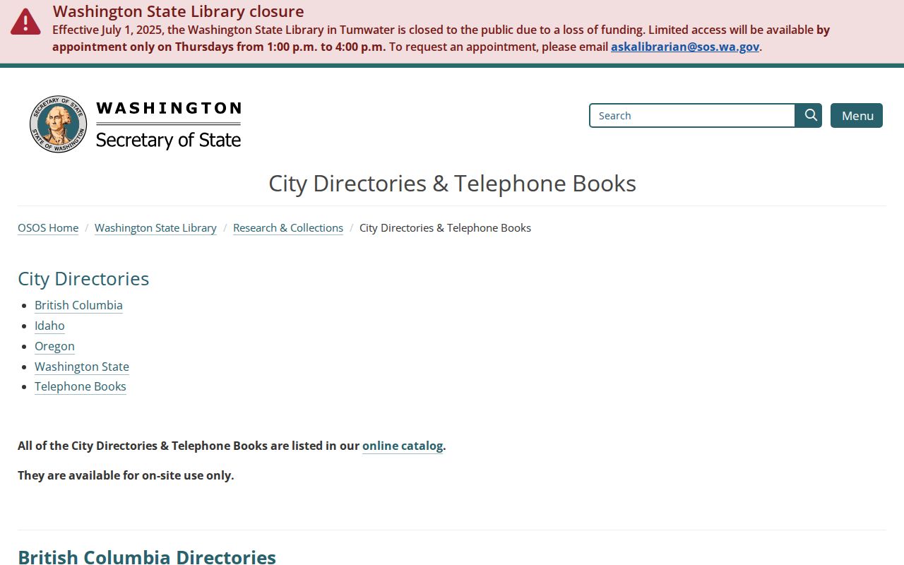 Washington people directories State Library city directory and telephone book years