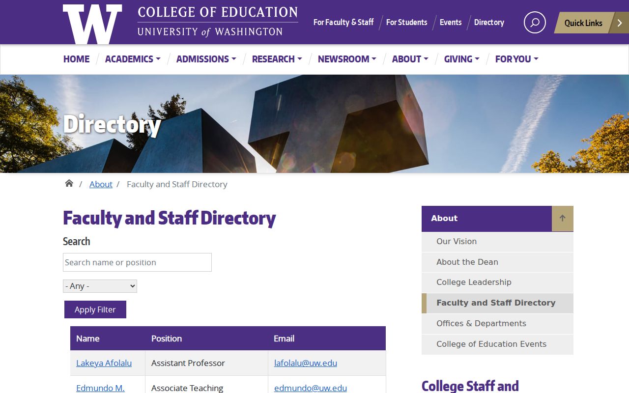 Washington people directories University of Washington name and position filter