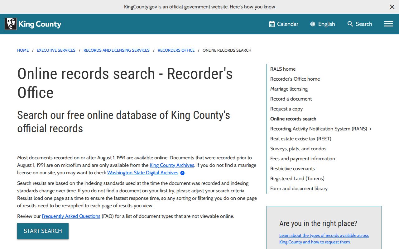 Washington public records example on the King County recorder search page