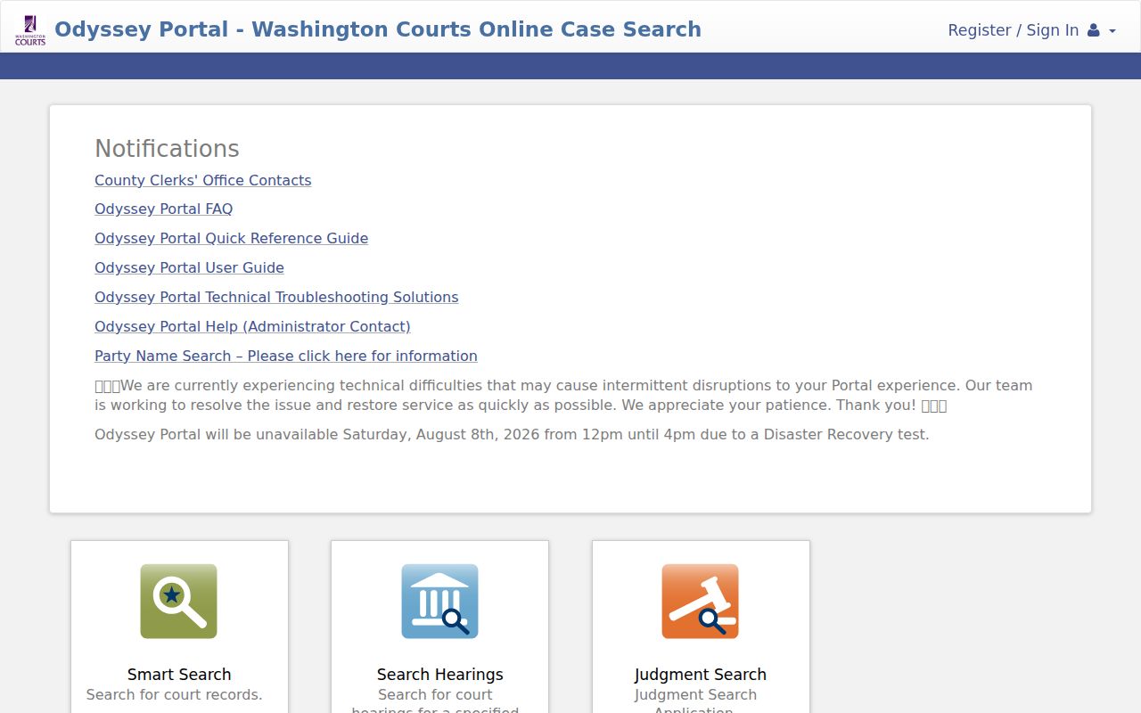 Washington public records search filters in the Odyssey superior court portal