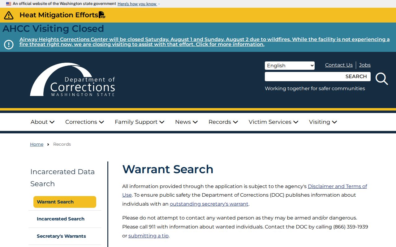 Washington public records search and browse controls for DOC warrants