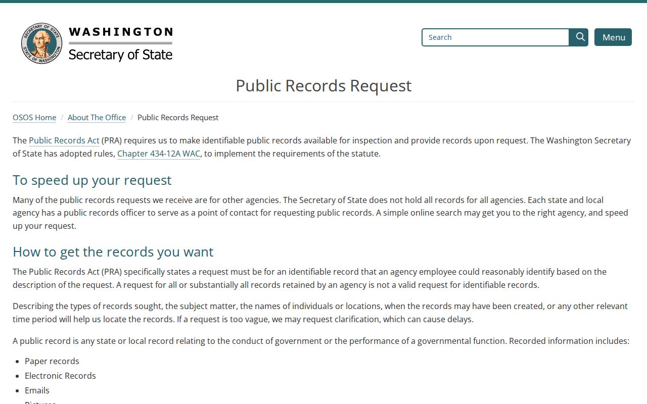 Washington public records request instructions and online portal link