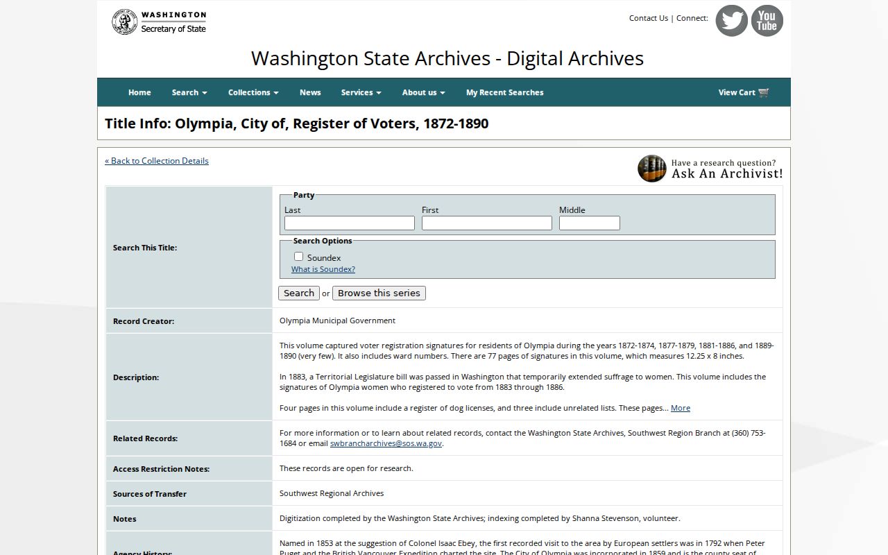 Washington voter registration records historic Olympia voter name and Soundex search
