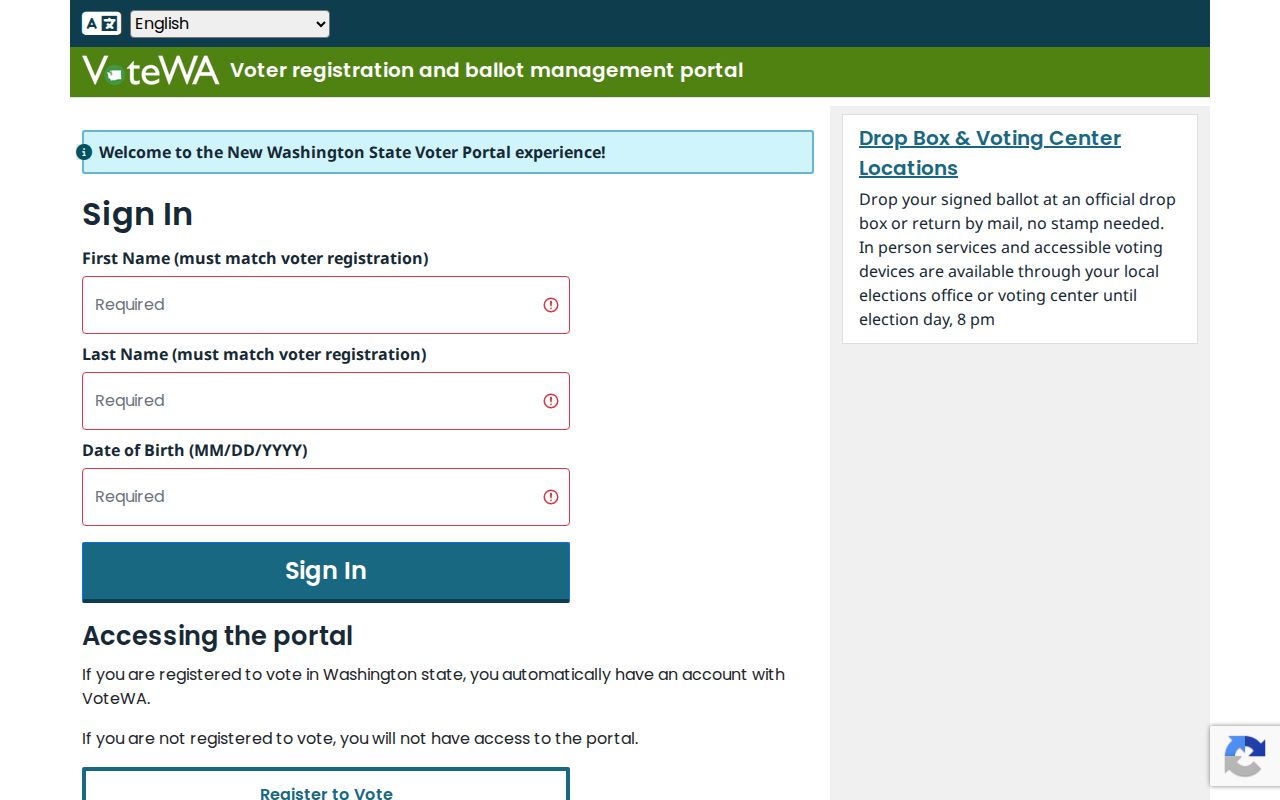 Washington voter registration records VoteWA name and birth date login